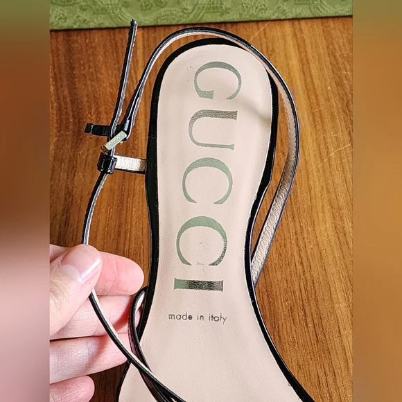 $850 Brand New 100% Auth Gucci Vitello Vernice Sandals Black Leather G 37 US 7 - Picture 11 of 14